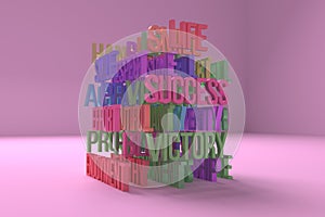 3D rendering. Abstract CGI typography, motivation related keywords cloud. Wallpaper for graphic design.