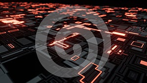 3D Rendering of abstract circuit pcb board with glowing led red color.