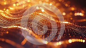 3D rendering of abstract digital particles wave with depth of field and bokeh effects