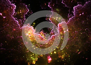 3D rendering abstract fractal clouds in pink and green on black background