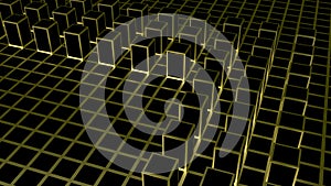 3d rendering. Abstract golden square shape block on dark color cube boxes background.