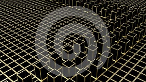 3d rendering. Abstract golden square shape block on dark color cube