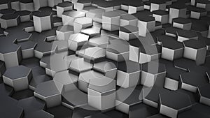 3D rendering of abstract hexagonal geometric metallic surfaces in virtual space