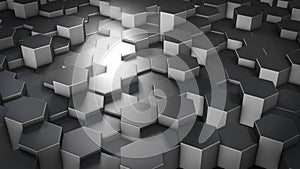 3D rendering of abstract hexagonal geometric metallic surfaces in virtual space