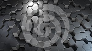 3D rendering of abstract hexagonal geometric metallic surfaces in virtual space