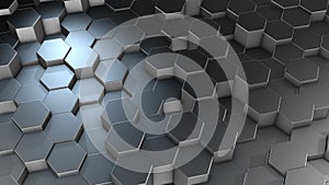 3D rendering of abstract hexagonal geometric metallic surfaces in virtual space