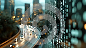 3D Rendering of abstract highway path through digital binary towers in city.