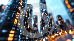 3D Rendering of abstract highway path through digital binary towers in city.