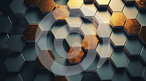 3d rendering of abstract metallic hexagon background in gold and black colors Generative AI