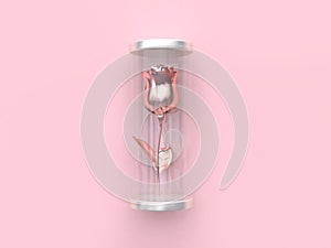 3d render  abstract metallic pink rose in clear jar valentine concept pink background