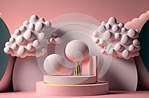 3d rendering of abstract minimal geometric forms. Pink podium for product presentation. Generative AI