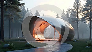 3d rendering of an abstract minimalist architectural structure, geometric architecture with chrome or metallic design.