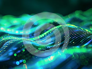 3D rendering of abstract particles wave. Futuristic wave with depth of field and bokeh. Generative AI