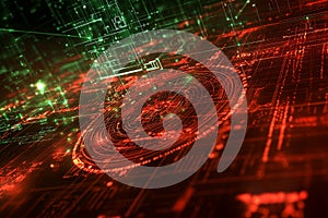 3D rendering of an abstract security concept with a binary code and padlock icons.