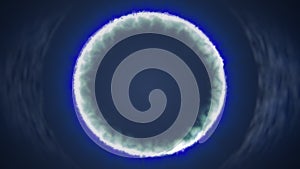3d rendering of abstract techno background with spirals and rays with glowing particles.