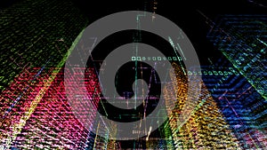 3D rendering of abstract virtual city inside a computer system. Hologram 3D Big Data Digital City