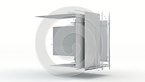 3D rendering of an abstract white cube torn apart. Cube segments in the space above the white surface