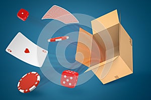 3d rendering of ace of hearts, red dice, and red chips flying out of brown cardboard box on blue gradient background.