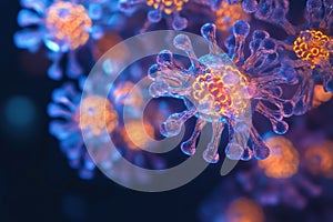 3D rendering of adeno-associated virus capsid with glowing molecular structures in biofluid, showcasing detailed photo