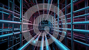 3D rendering of AI algorithms visualized as data flowing through pipelines