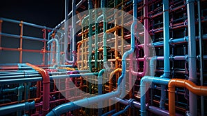 3D rendering of AI algorithms visualized as data flowing through pipelines