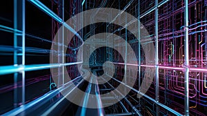 3D rendering of AI algorithms visualized as data flowing through pipelines