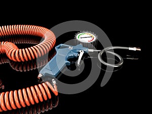 3d Rendering of air compressor gun with manometer isolated on a gray background.