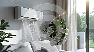 3D rendering of an air conditioner on a white wall in a living room interior