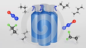 A 3D rendering of air duster cans and chemical molecules.