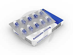3d rendering of antibiotic pills blister in pack isolated
