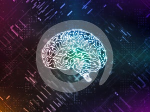 3D Rendering of artificial intelligence AI is operating with abstract data. Glowing brain circuit.