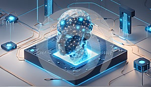 3d rendering of artificial intelligence concept with robot head in blue background