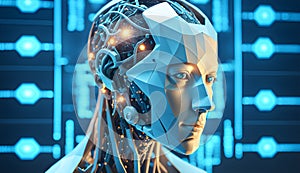 3d rendering of artificial intelligence concept with robot head in blue background