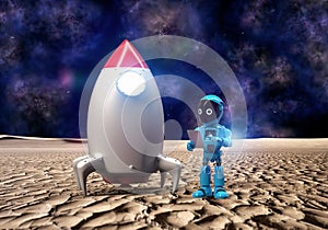 Artificial intelligence robot with space shuttle on planet