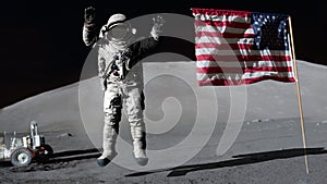 3D rendering. Astronaut jumping on the moon and saluting the American flag. CG Animation. Elements of this image furnished by NASA