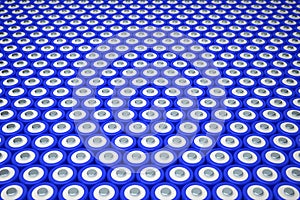3d rendering of a background with 18650 lithium batteries forming a honeycomb with a camera tilt