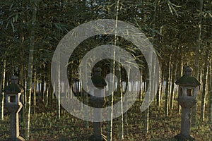 3D rendering of bamboo forest with japanese stone lantern in the evening sunlight