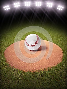 3d rendering of a Baseball on a pitchers mound of Lighted Baseball field photo