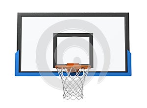 3d rendering of a basketball hoop with an empty basket and transparent backboard.