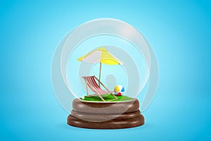 3d rendering of beach chair, beach umbrella and beach ball inside snow globe on light blue gradient background.