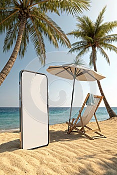 3D rendering of a beach scene with a blank smartphone screen, beach chair, umbrella, and palm trees on a sunny day. Summer holiday photo