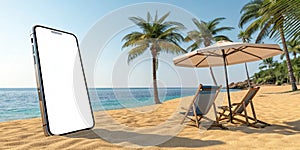3D rendering of a beach scene with a blank smartphone screen, beach chair, umbrella, and palm trees on a sunny day. Summer holiday photo