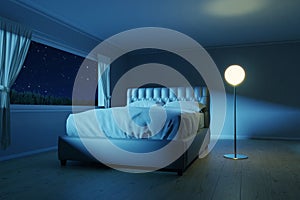 3d rendering of bedroom with an elegante bed next to the lighten lamp photo