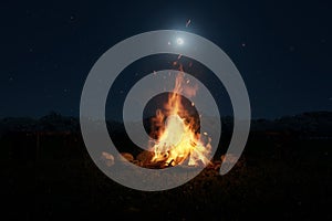 3d rendering of big bonfire with sparks and particles in front of forest and moonlight