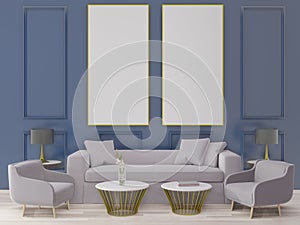 big living room.interior design, art deco style, blue wall for mock up and copy space