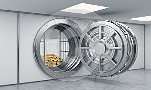 3D rendering of a big open round metal safe in a bank depository