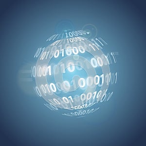 3D rendering of a binary code sphere with light beams on a blue background