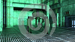 3D-illustration of a biped droid or robot in a science fiction starship
