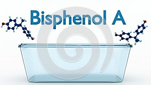 3d rendering of Bisphenol A or BPA molecules and plastic container