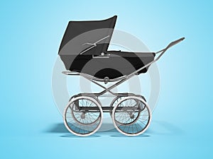 3D rendering black baby stroller with trunk in side view blue background with shadow